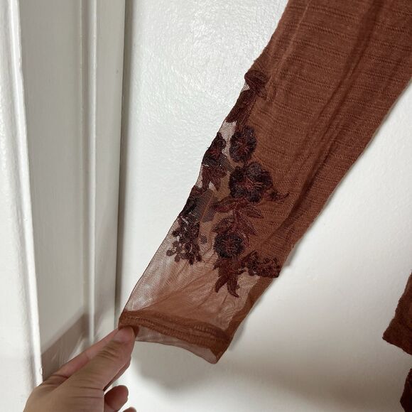 Free People Saheli Brown Long Sleeve Shee Yoke Embroidered Trim Blouse Womens S - Picture 7 of 12